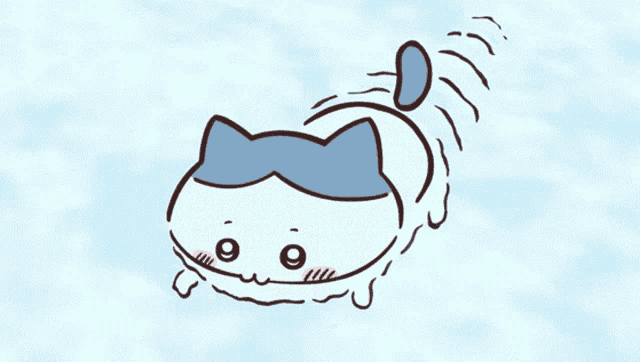 a cartoon drawing of a white cat with a blue bow on its head