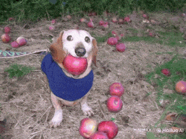a dog in a blue shirt is holding an apple in its mouth surrounded by apples