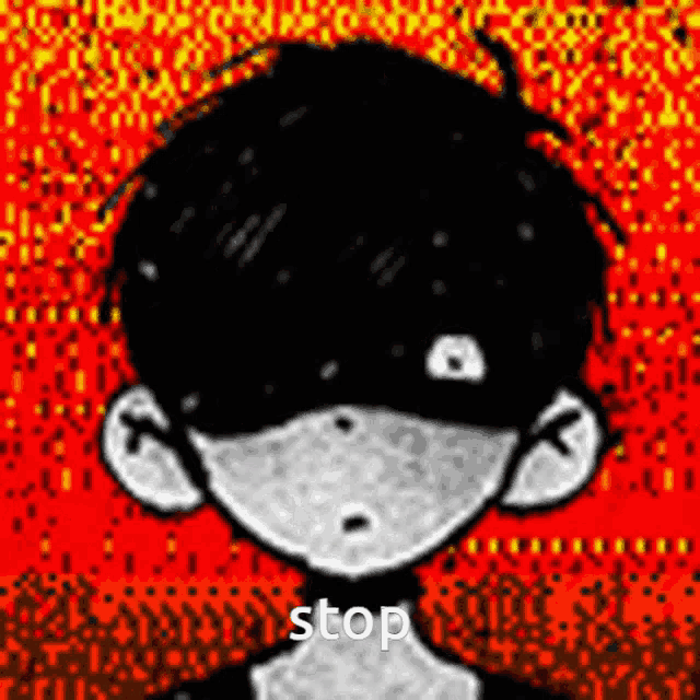 a black and white drawing of a boy with a red background and the words `` stop '' written on it .