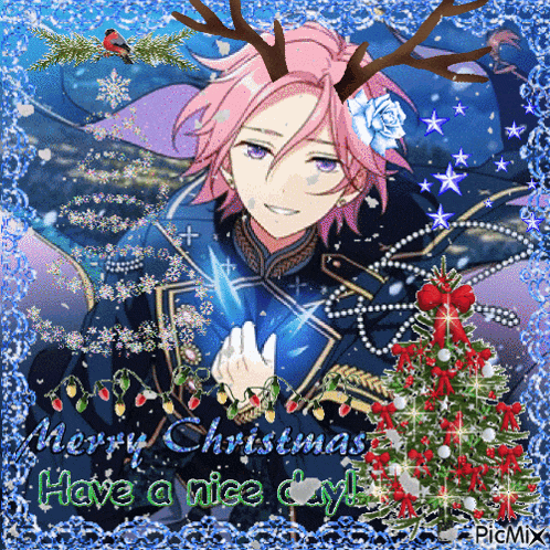 a christmas card with a boy with antlers and a christmas tree says merry christmas have a nice day