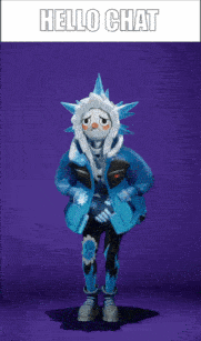 a cartoon character with ice spikes on his head is standing in front of a sign that says hello chat