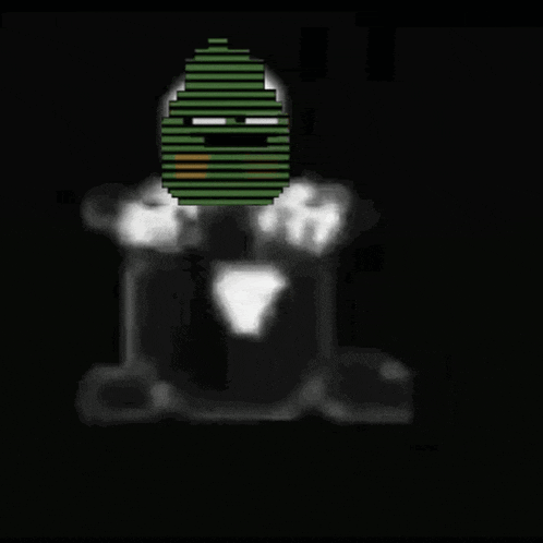 a pixel art drawing of a man with a green hat on a black background