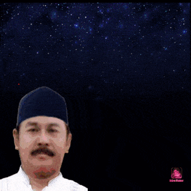 a man with a mustache is standing in front of a sign that says " selamat bergabung "