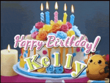a happy birthday kelly card with a cake with candles on it