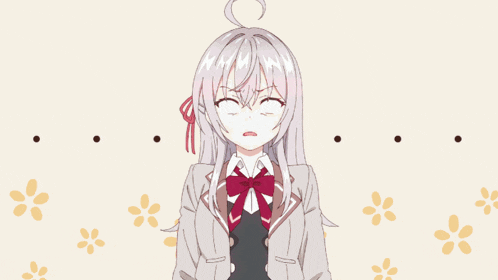 a drawing of a girl with long white hair and a red bow tie