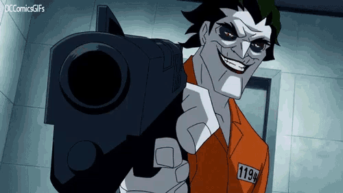 a joker holding a gun with the number 1194 on his prison uniform