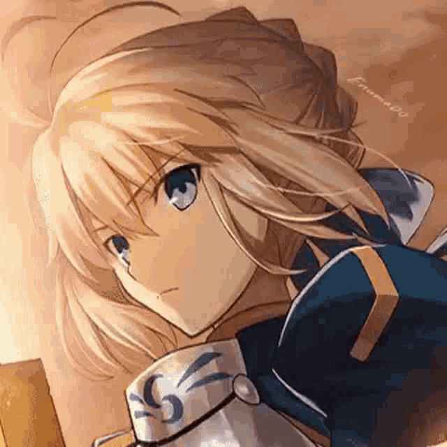 a close up of a blonde anime girl holding a sword .