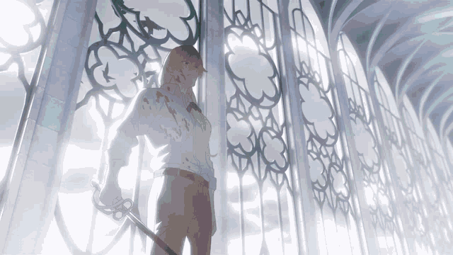 a man holding a sword in front of a very tall building