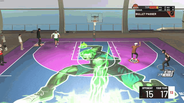 a basketball game is being played on a court with a hulk on it