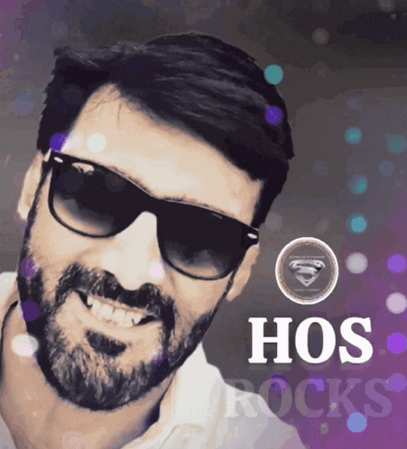 a man with a beard wearing sunglasses and the word hos rocks on the bottom