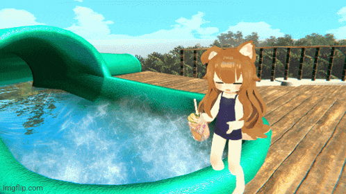 a girl with a cat ear is standing in a pool with a drink in her hand