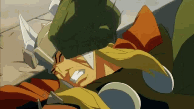 a cartoon drawing of a man wearing a helmet with horns