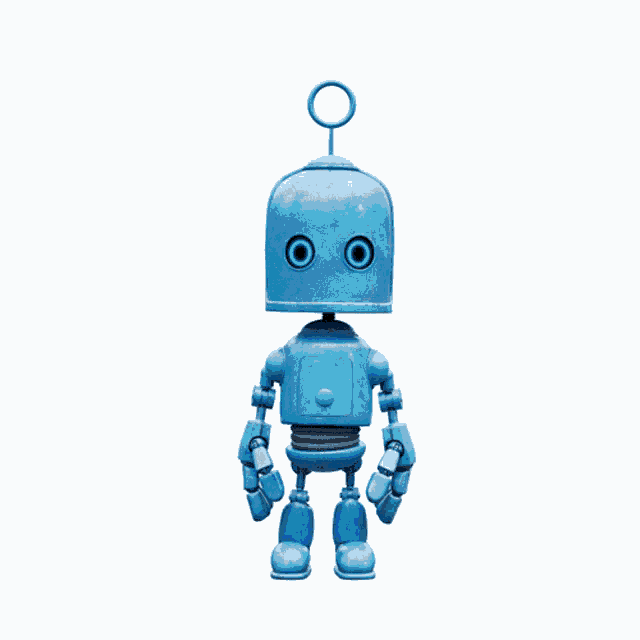 a blue robot holding a gift box with a blue bow
