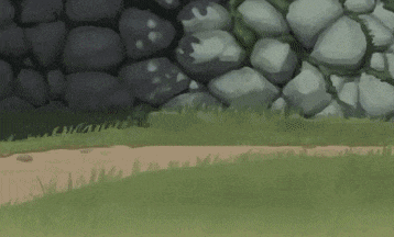 a cartoon character with purple pants is standing next to a box in a field .