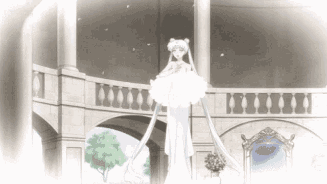 a statue of a woman in a white dress stands in a building