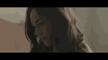 a close up of a woman 's face with long brown hair .