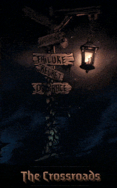 a poster for a game called the crossroads shows a street sign