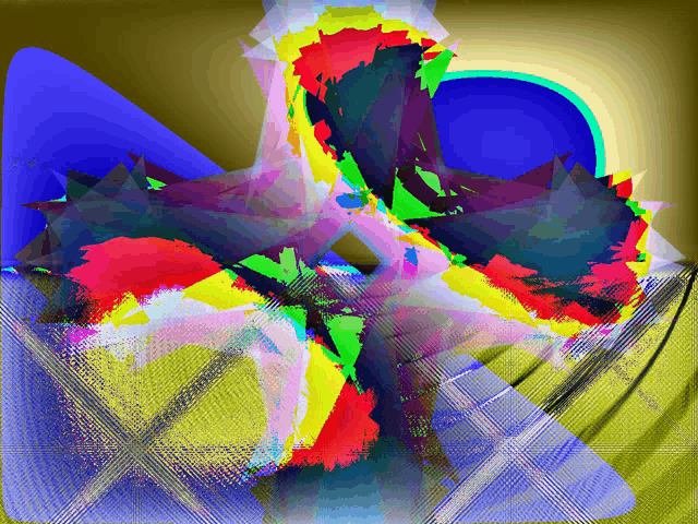 a colorful painting with a blue triangle in the center