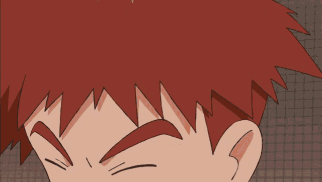 a close up of a cartoon character with red hair and an orange hoodie