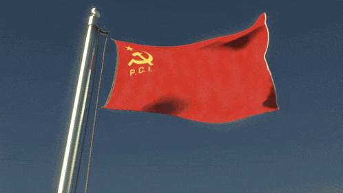 a red flag with a hammer and sickle and the letters p.c.i.