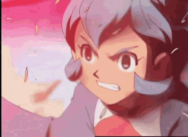 a close up of a cartoon character with blue hair
