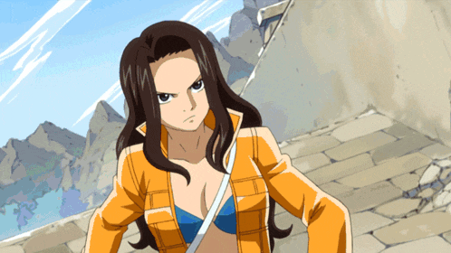 a cartoon girl with long brown hair is wearing an orange jacket and a blue bra