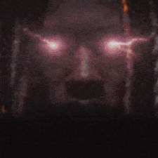 a pixelated image of a person 's face with glowing red eyes