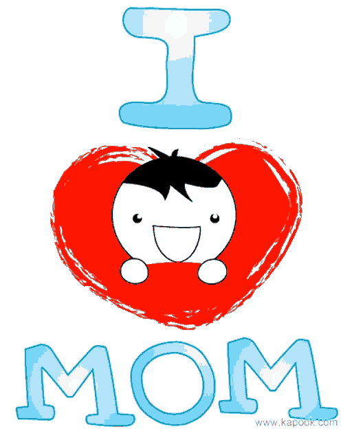 a red heart with a blue i and the word mom below it