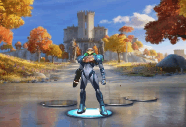 a video game character is standing on a podium in front of a castle