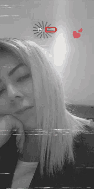 a black and white photo of a woman with a clock behind her that says 1% on it