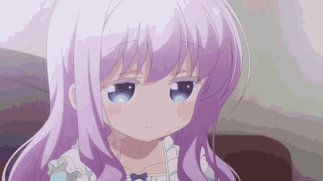 a girl with purple hair and blue eyes is looking down