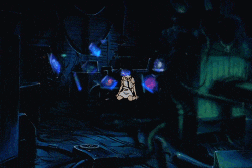 a drawing of a person sitting in a dark room with a blue light coming out of the ceiling