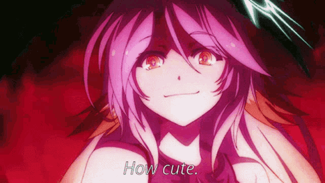 a close up of a pink haired anime girl with the words how cute written below her