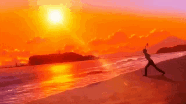 a person is standing on a beach at sunset holding a umbrella .