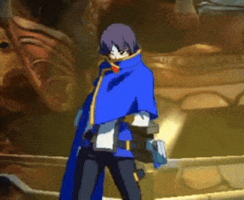 a cartoon character in a blue cape is standing in front of a statue .