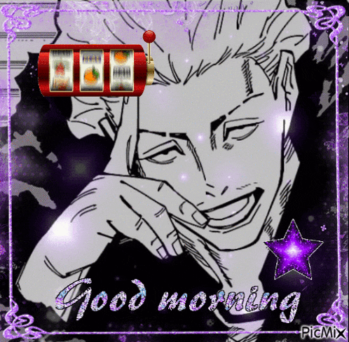 a picture of a man with a slot machine on his head and the words " good morning "