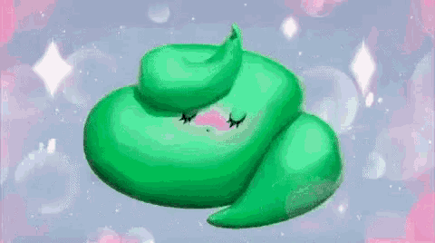 a green poop with a pink face and eyes is laying on a pink surface .