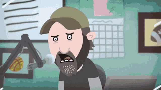a cartoon of a man with a beard talking into a microphone with his mouth open