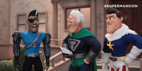 three cartoon superheros are standing in front of a building with the hashtag #supermansion