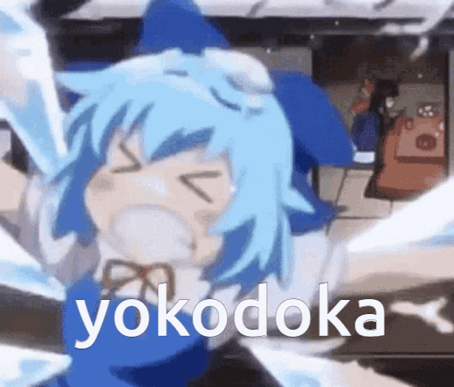 a picture of a blue haired anime character with the word yoko doka on the bottom