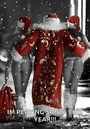 a picture of a man dressed as santa claus with two women in underwear