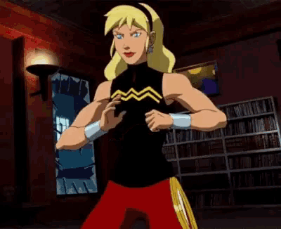 a cartoon character is standing in front of a bookshelf in a room .