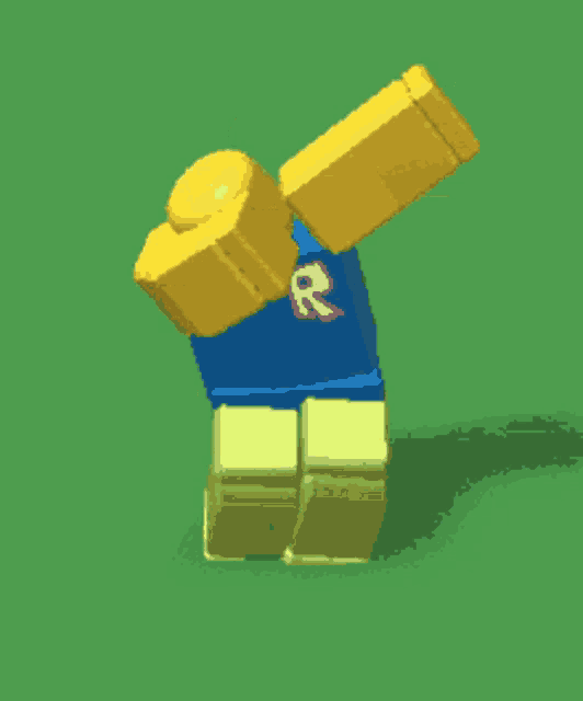 a roblox character wearing a blue shirt with a red r on it