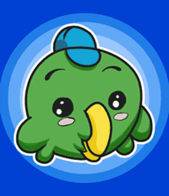 a cartoon of a green bird with a blue hat on