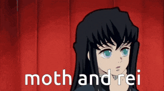 a cartoon character with long black hair is standing in front of a red curtain and says moth and rei .