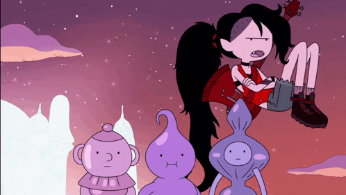 a cartoon shows a girl sitting on a purple object