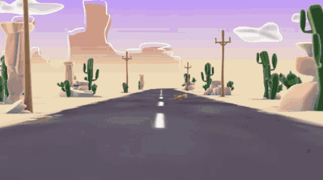 a cartoon illustration of a desert road with cactus along the side