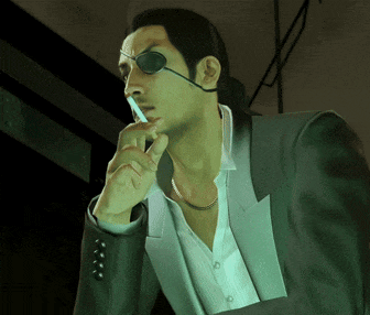 a man in a suit smoking a cigarette and wearing an eye patch