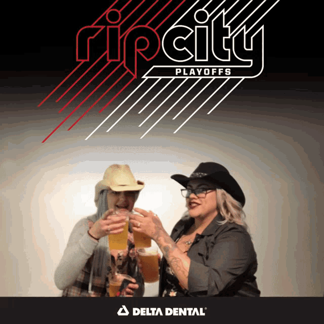 a poster for the rip city playoffs shows two women toasting