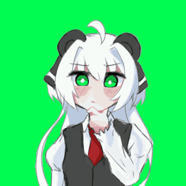 a drawing of a panda girl with green eyes and white hair